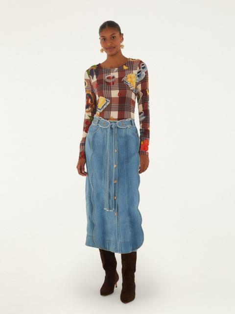 FARM RIO Denim Buttoned Belted Wavy Midi Skirt