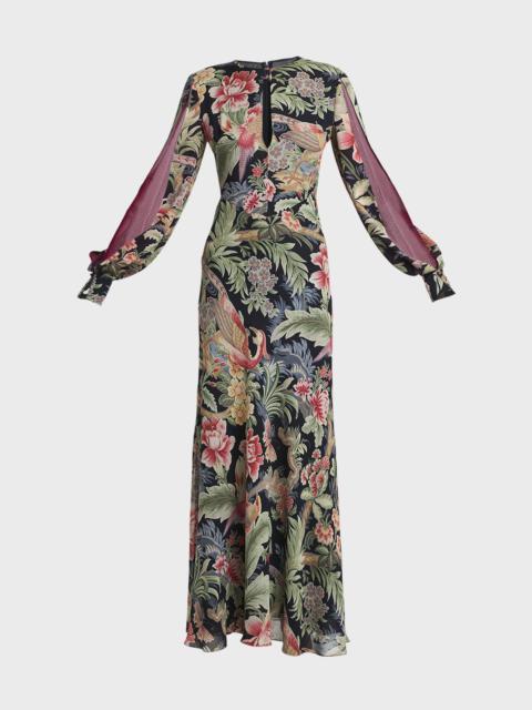 Allover Floral Slit Long-Sleeve Silk Gown
