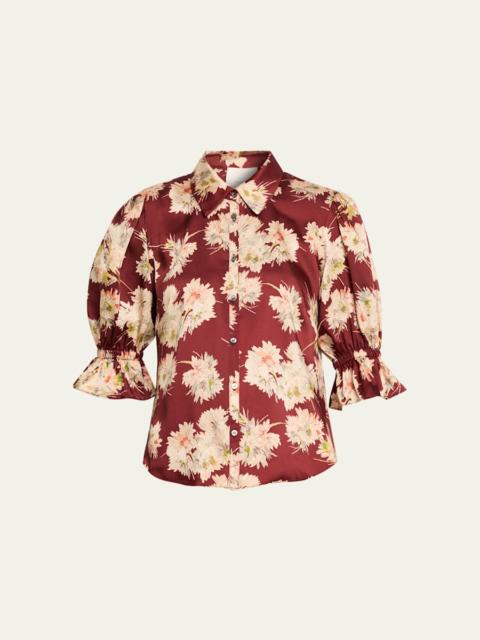 Cinq à Sept Mae Bouquet Satin Puff-Sleeve Shirt