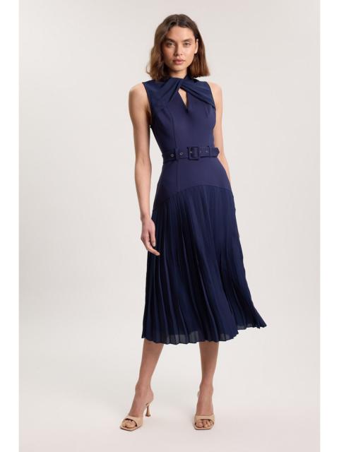 KAREN MILLEN Ponte And Textured Georgette Button Mix Cut Out Detail Pleated Maxi Dress