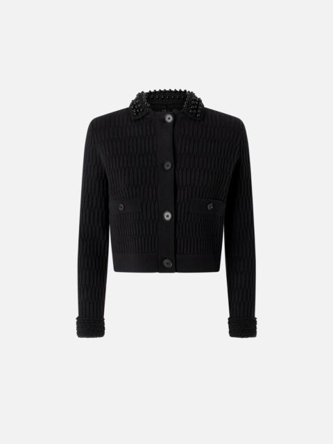 PINKO SHORT KNIT JACKET WITH BEADED CROCHETED COLLAR