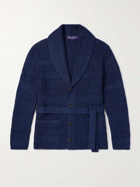 Shawl-Collar Belted Cable-Knit Silk and Cotton-Blend Cardigan