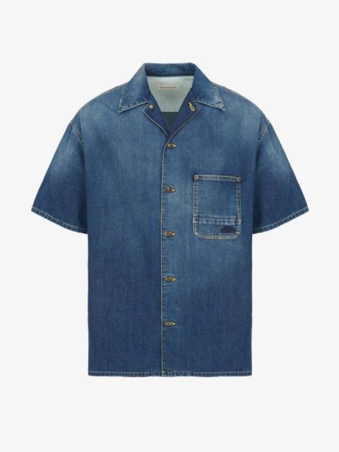 Men's Hawaiian Denim Shirt in Washed Blue