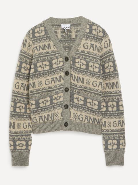 GANNI Frost Grey Wool Logo Mix Cardigan
