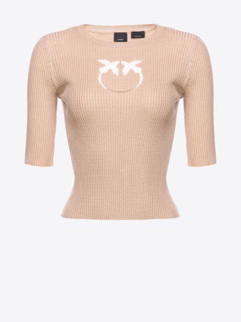 PINKO RIBBED SWEATER WITH TRANSPARENT LOVE BIRDS LOGO