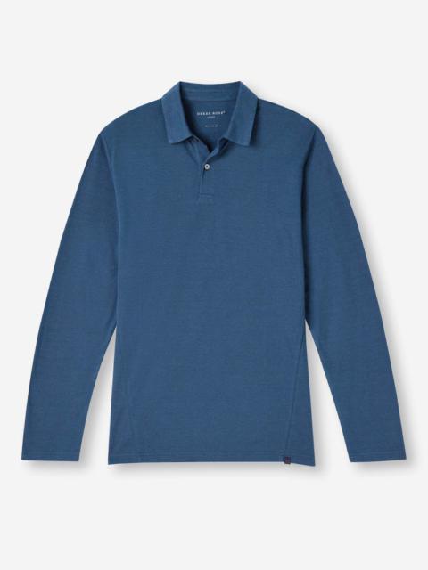 Derek Rose Men's Long Sleeve Polo Shirt Ramsay 2 Pique Cotton Tencel Denim