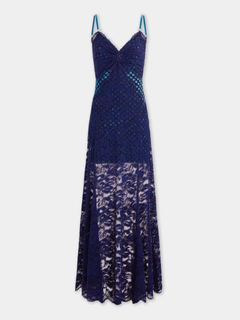 rabanne LONG NAVY BLUE TROMPE-L'ŒIL LACE DRESS