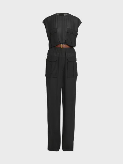 SAINT LAURENT Combinaison Sleeveless Belted Silk Chiffon Utility Jumpsuit