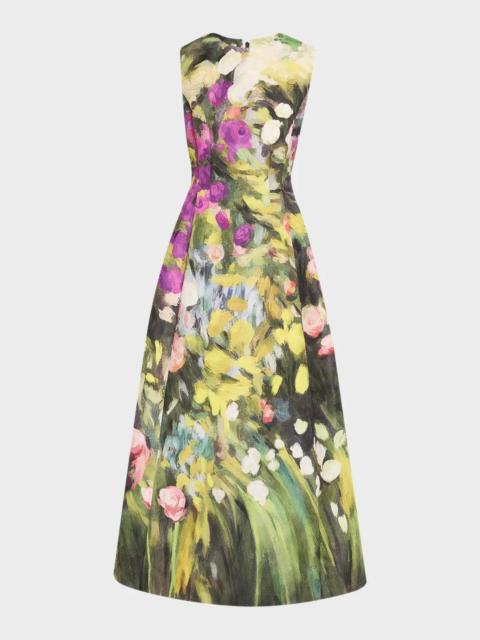Oscar de la Renta Sleeveless Abstract Garden Faille Midi Cocktail Dress
