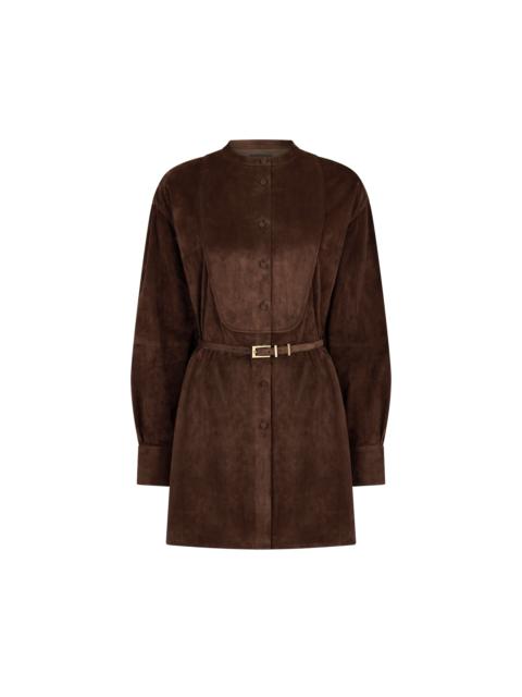 TOM FORD FULL GRAIN LAMB SUEDE BELTED PLASTRON MINI SHIRT DRESS