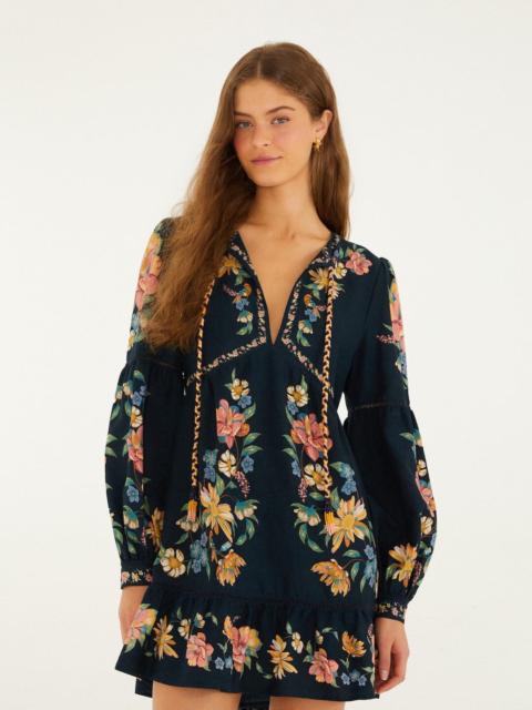 FARM RIO Dark Blue Maira Floral Lenzing Ecovero Euroflax Mini Dress