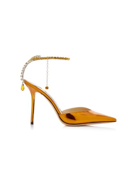 JIMMY CHOO Saeda Crystal-Embellished Metallic Leather Pumps orange