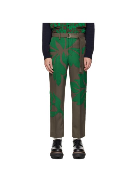 sacai Taupe & Green Floral Appliqué Trousers