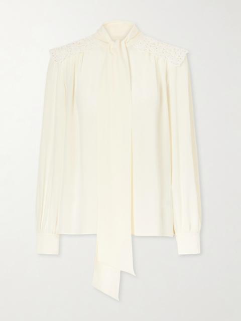 Chloé Pussy-bow Crochet-trimmed Silk Crepe De Chine Shirt