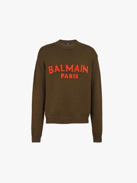 Khaki wool sweater with orange Balmain Paris logo