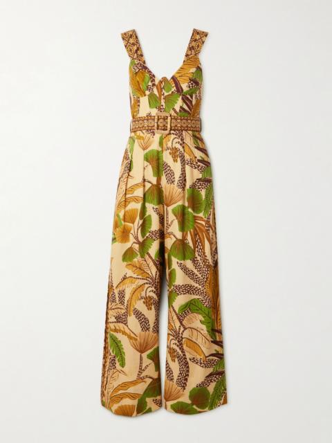 FARM RIO Belted shirred printed linen-blend jumpsuit Beige