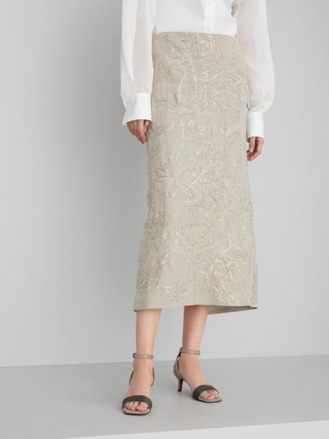 Brunello Cucinelli Linen canvas skirt with dazzling flower embroidery