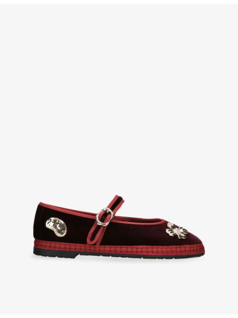 FLABELUS Mae Pierre Jewel Velvet Mary-Jane Flats