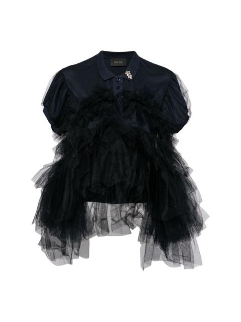 puff-sleeve tulle polo shirt