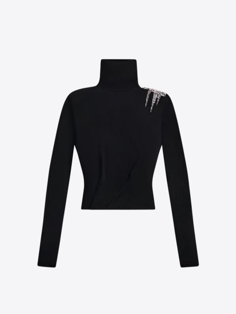 AREA CRYSTAL CLUSTER DRAPED LONG SLEEVE OPEN BACK TOP