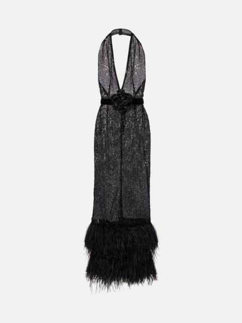 Feather-trimmed sequined sheer gown