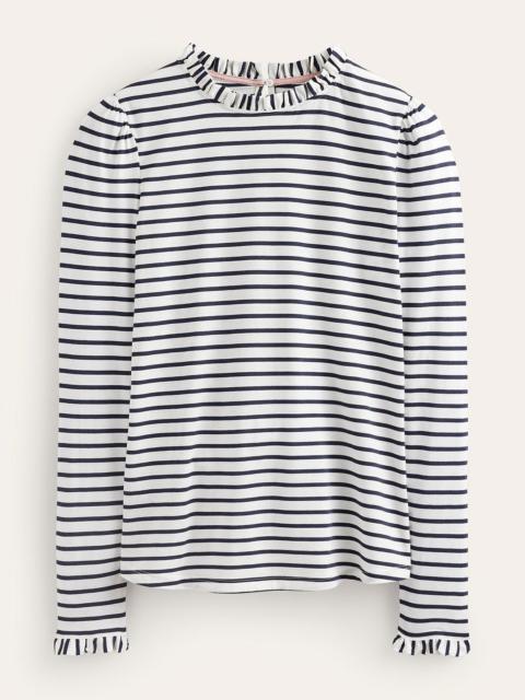 BODEN Supersoft Frill Detail Top-Ivory / Navy Stripe