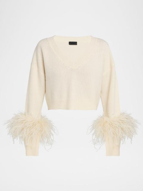 LAPOINTE Feather-Trim Cashmere Crop Sweater