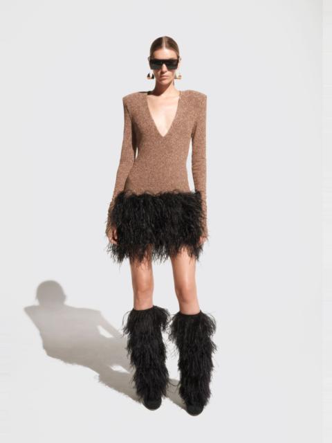 Metallic Jersey Deep V Dress With Feathers