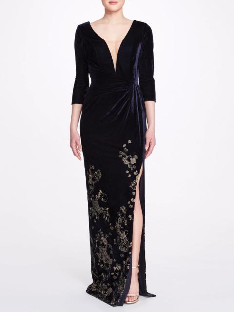 Marchesa NAVY BLUE GOLDEN FLORAL GOWN