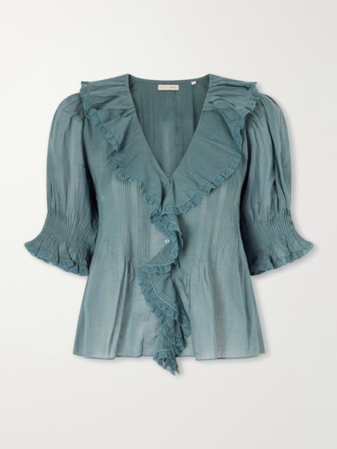 DÔEN Henri lace-trimmed organic cotton blouse Turquoise