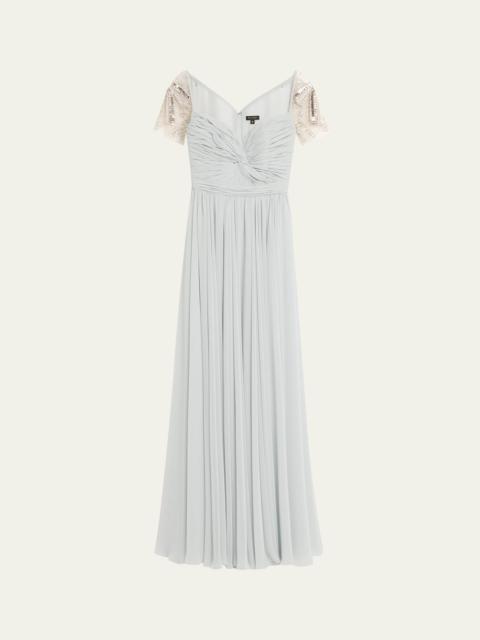REEM ACRA Pleated Chiffon Embellished Gown
