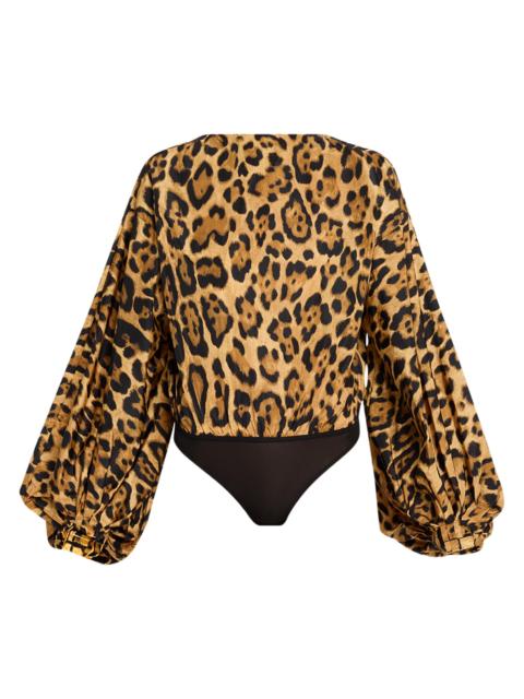 Alaïa Women's Backless Cheetah-Print Balloon-Sleeve Bodysuit - Noir Caramel