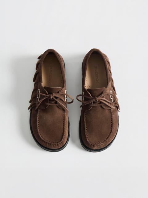 JW Anderson WOMENS LOAFER RUFFLE SUEDE BOAT SHOES IN CHOCOLATE BROWN