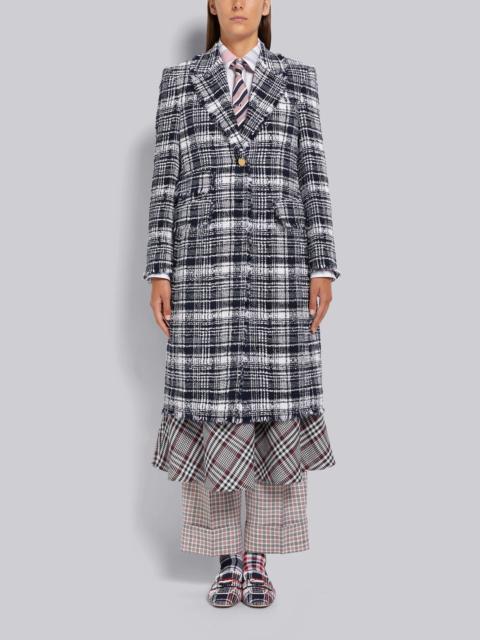 Thom Browne Navy Hairline Madras Ribbon Tweed Frayed Single Vent Overcoat