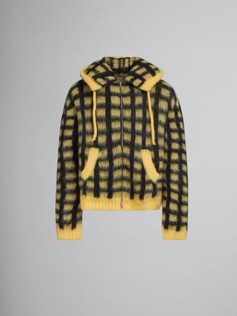 YELLOW CHECKED MOHAIR HOODED CARDIGAN