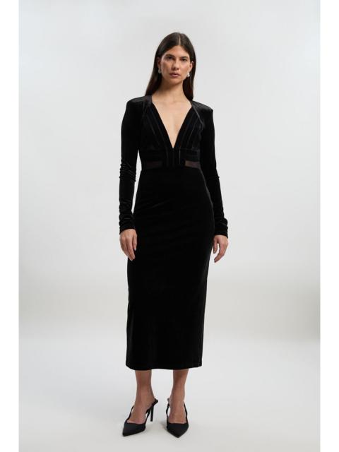 KAREN MILLEN Stretch Velvet Taping Detail Mesh Plunge Neck Cut Out Back Midi Dress