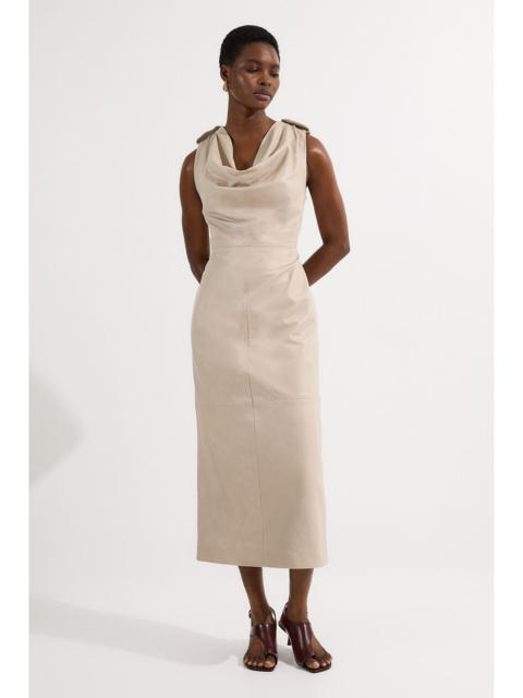 KAREN MILLEN Leather Cowl Neck Drape Pencil Midi Dress