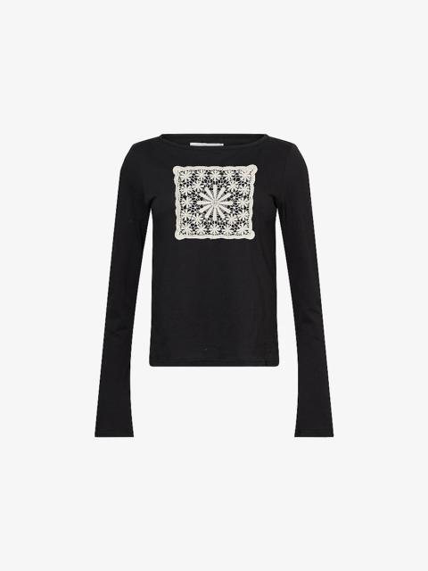 Praying Doilie Embroidered-Patch Long-Sleeve Cotton-Jersey Top