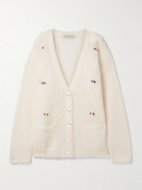 Alessandra Rich Embroidered pointelle-knit mohair-blend cardigan White