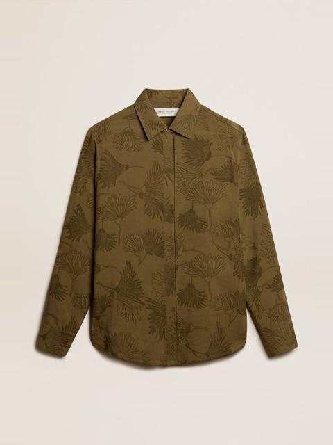 Women's olive-colored viscose-cotton blend shirt with floral pattern