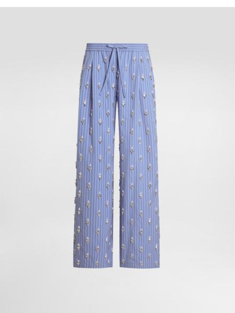 Dolce & Gabbana Poplin trousers with crystal flower embroidery