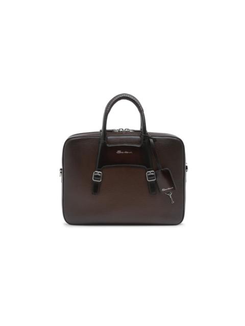 Santoni Brown embossed leather briefcase