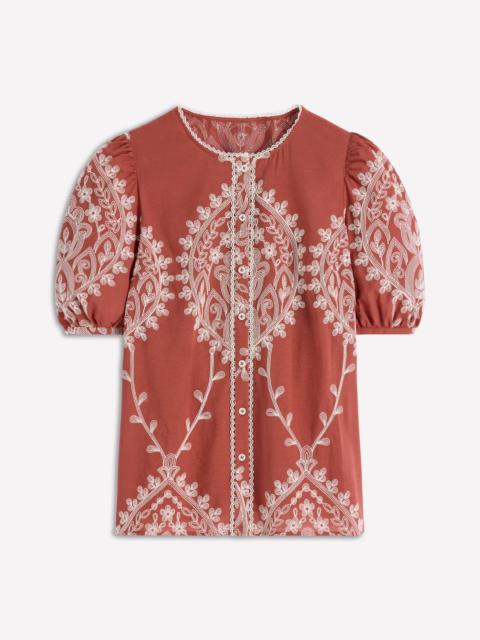 BODEN Leah Short Sleeve Interest Top-Red Floral Embroidery