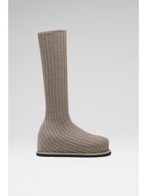 Amina Muaddi VENEDA STRETCH BOOT FLATFORM TAUPE FUZZY RIBBED KNIT
