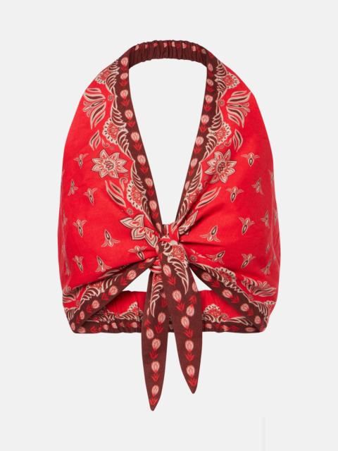 FARM RIO Ainika Garden halterneck linen-blend crop top