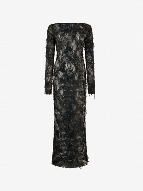 Roberto Cavalli Dress with Fur Print on Destroyed-Effect Lace