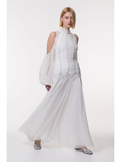 KAREN MILLEN High Neck Embellished Ruched Georgette Woven Maxi Dress