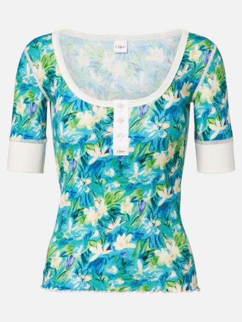 Chloé Floral ribbed-knit cotton-blend top