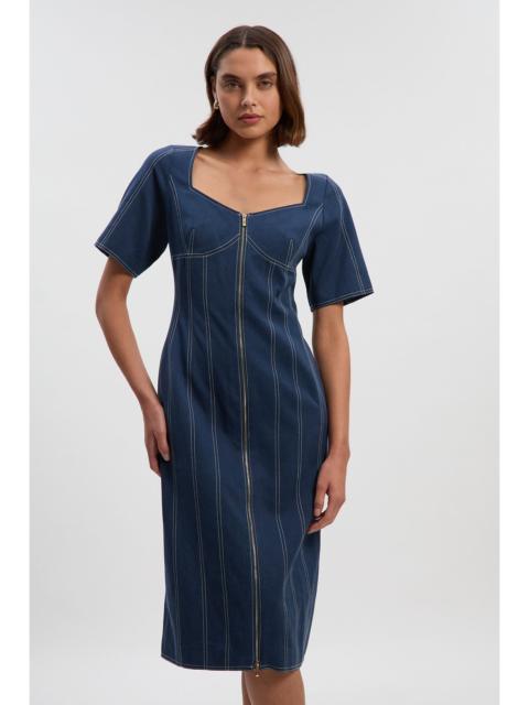KAREN MILLEN Tencel Cotton Contrast Stitch Zip Front Woven Midi Dress
