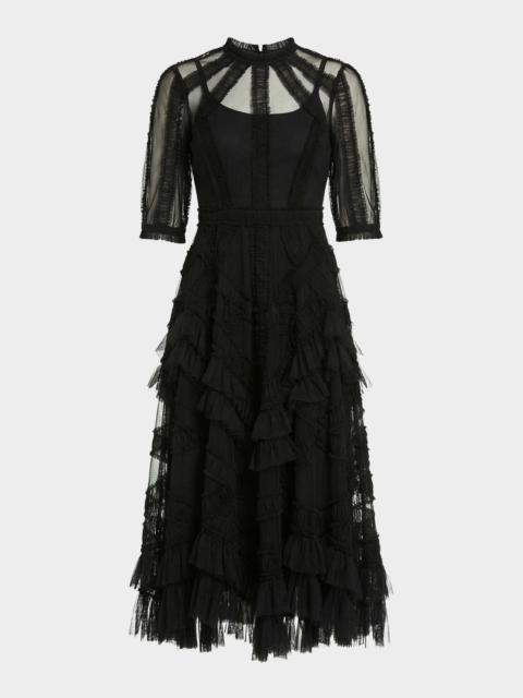 MAC DUGGAL High-Neck Ruffled A-Line Midi Dress